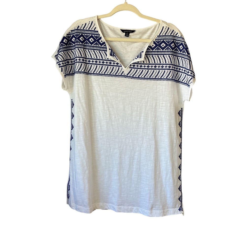 Lands End Womens White Blue Embroidered Split Neck Short Sleeve Top Medium 10-12